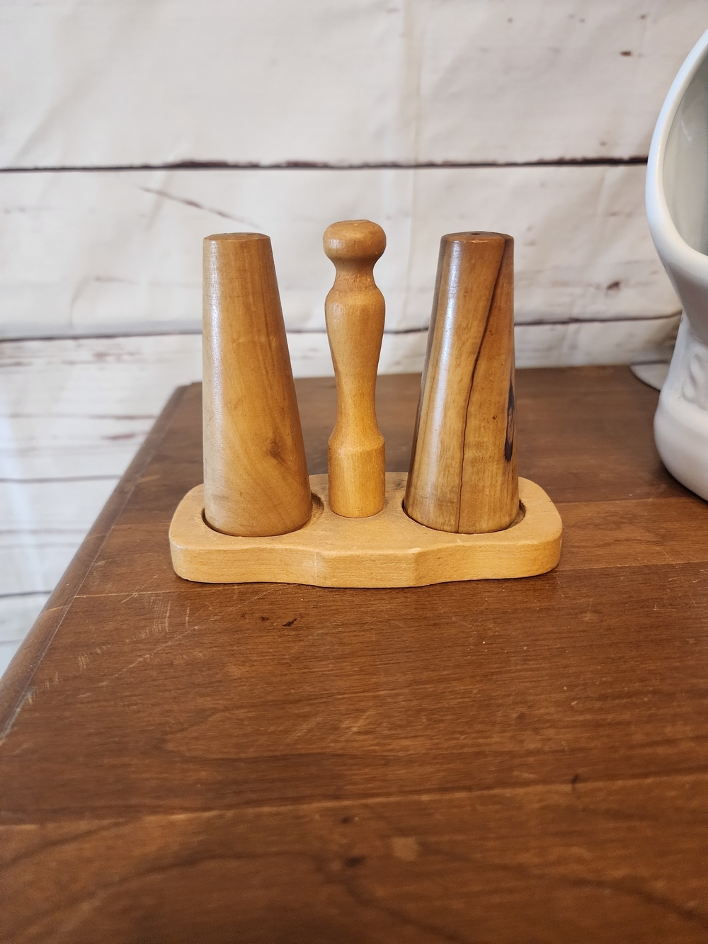 Wooden Salt & Pepper Shakers with Holder - Light Brown Finish